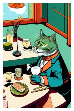 Cat, sitting at a table, eating sushi,perfect iris, ink and pencil, style Tintin