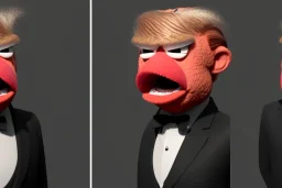 Angry muppet trump, round nose, in suit, eyebrows, spray tan mad red tie