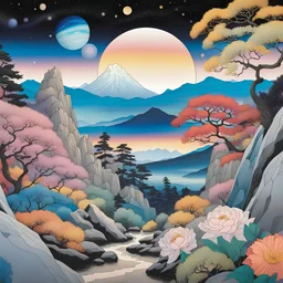 Colourful, peaceful, Amano, Hiroshige, night sky filled with galaxies, planets and stars, rock formations, trees, flowers, one-line drawing, sharp focus, 8k, deep 3d field, intricate, ornate, hypermaximalist