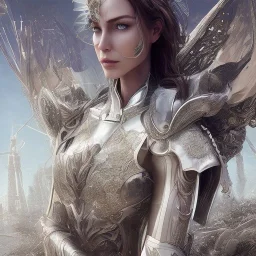 A handsome woman standing in front of a church, futuristic design, a paradise in background, close-up face, geometric armor, female face, 3d unreal engine, black face, close up armor, church detail, lovely face