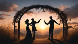 Hyper Realistic shadow-silhouette of a romantic couple-dancing behind a romantic sunset & with a wooden-arch with cloudy sky on mountain-top with leaves-whirling-&-breeze-blowing-tall-grass showing dramatic-romantic-&-cinematic-ambiance