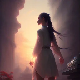 a girl looking to the sky, cinematic lighting, dramatic atmosphere, studio lighting delicate features finely detailed perfect art, at an ancient city, gapmoe yandere grimdark, trending on pixiv fanbox, painted by greg rutkowski makoto shinkai takashi takeuchi studio ghibli