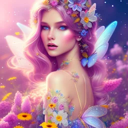 bright fairy, beautiful portrait, flowery landscape, cosmic atmosphere, perfect composition, 8k, super detailed, delicate flowers, complemfentary colours, intricate details