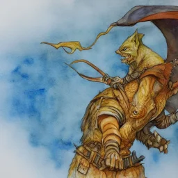 dungeons and dragons, fantasy, goblin, king, ochre skin, watercolour, blue nose, figure, pose, distinct face