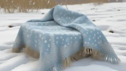 A light pale bluish silver tundra with falling snowflakes designed in Navajo woven art painted by Claude Monet