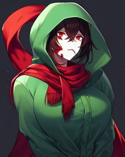 Wearing a green hood, short brown hair, glowing red eyes, blood on his cheek, dark background reminiscent of a nightmare, and has a psychopathic look, wears a red scarf, facing the screen showing only his face and neck.