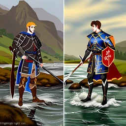 The prince of the high tide and the prince of the low tide in the river wearing medieval battle clothes, the image is divided into half a river at high tide and half a river at low tide