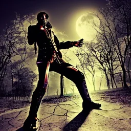 cyborg one man band, full moon background center large, steampunk style, horizontal image