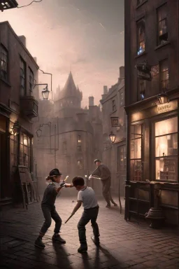 photorealistic painting of young boy fighting old boy, industrial era, night time, people in background, diagon alley