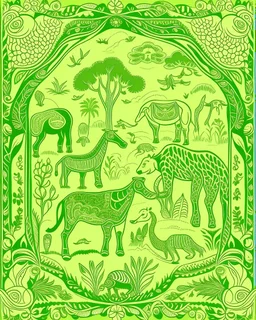 A light green savanna with animals designed in Mehndi design