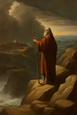 Moses stands on a mountain and holds a crooked wooden staff. Aaron is next to HIM, and below, NUMEROUS Jewish PEOPLE cross the sea by land. There are walls of water on both sides to the right and left. There is a silhouette of God in the sky. Everything is painted in oil painting with high-quality drawing of details