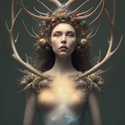 The painting on Behance portrays a female humanoid figure wearing a crown made of antlers. The artwork is inspired by artists such as Yoann Lossel, Sylvain Sarrailh, Igor Morski, Beeple, and James Jean, with an Afrofuturist theme. The high level of detail in the painting is noteworthy, with the woman depicted as having dark skin and wearing a crown of dried flowers, which is reminiscent of the style of artist Tom Bagshaw. The color and detail of the painting are particularly striking, making for