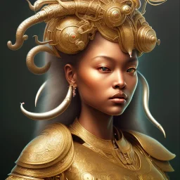 Sango fantasy, fantasy magic, intricate, sharp focus, illustration, highly detailed, digital painting, concept art, matte, art germ and Paul Lewin and Kehinde Wiley, masterpiece silver elephant head bronze Buddha Asian African girl nice breast Hawaiian hair turquoise golden waves