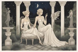 two elegant women at night in the garden of the palace of good and evil, by artist "Ingrid Umber", by artist "Sienna Lamberts"