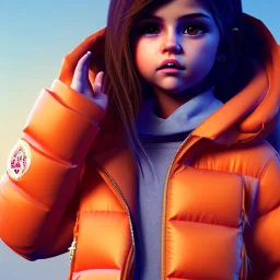 Selena Gomez toddler, full body, dramatic lighting orange puffer jacket, hyper realistic, unreal engine 5,