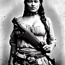 sepia close-up of beautiful female mexican outlaw wearing holster with two guns on waist and bandolier on chest, long black wavy hair, gorgeous, stunning face, 8k, high-quality, ultra-fine detail, 1800s wild west, brian froud, howard lyon, selina french, anna dittmann, annie stokes, lisa parker, greg rutowski, alphonse mucha