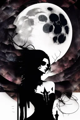 Explosive abstract collage style image of a beautiful gothic girl, dramatic, pieces of cloth material, textured moon in background, bob wire, gothic sureoundings