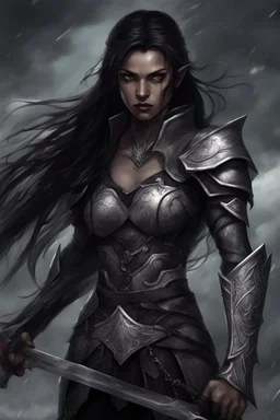 A female elf with skin the color of storm clouds, deep grey, stands ready for battle. Her long black hair flows behind her like a shadow, while her eyes gleam with a fierce silver light. Despite the grim set of her mouth, there's a undeniable beauty in her fierce countenance. She's been in a fight, evidenced by the ragged state of her leather armor and the red cape that's seen better days, edges frayed and torn. In her hands, she grips two swords, their blades spattered with an eerie green blood