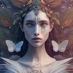 karlan, plant metal, feathers, Dryad, butterflies, nature, plants, flower background, face tattoo, intricate, oil on canvas, masterpiece, expert, insanely detailed, 4k resolution, cute big circular reflective eyes, cinematic smooth, intricate detail, soft smooth lighting, painted Renaissance style