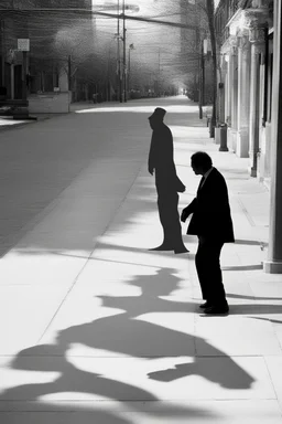 a man walks a sidewalk with a monster's shadow