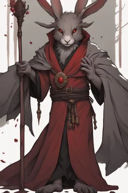 Male rabbitfolk with grey fur and Hazel eyes wearing blood red and black robes in a fantasy setting, sorcerer of death