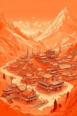 A light rosy orange colored mountain mine with a village in Retro Futurism art style