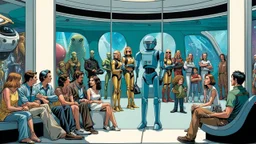 in the futuristic waiting room of a studio, a large crowd waits in front of a giant glass door, aliens of all sizes, colors, and looks, droids, mutant girls, strange fantastical creatures, and a few human-like beings linger in the crowd. high detalied, sharp focus, photorealistic