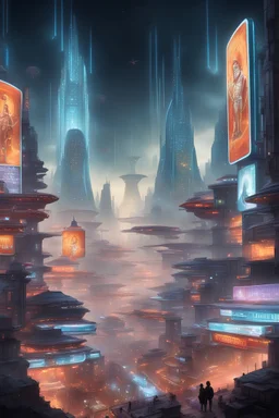 Neo-futuristic cityscape with holographic billboards portraying Hanuman's heroic exploits.