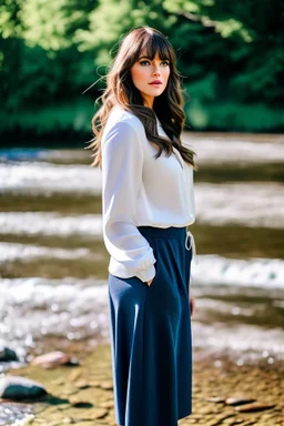 realistic, portrait and full body of a woman standing next to rocky river in country side, beautiful face with nice make up, sunlight, cinematic light, bangs, a beautiful woman, beautiful eyes, brown curved hair, perfect anatomy, very cute, princess eyes , (blue eyes) , nice sport shoes ,Centered image, stylized, life size,8k Resolution, low-cut dress with small blue details, human hands, wonder full, elegant, approaching perfection, dynamic, highly detailed, character sheet,