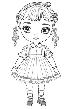 coloring page, cute realistic little doll, full view, coloring page, only draw lines, coloring book, clean line art, –no sketch, color, –ar 3:4, white background, minimalistic black lines, minimal black color, low level black colors, coloring page, avoid thick black colors, thin black line art, avoid colors, perfect shape, perfect clear lines,