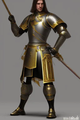 A handsome 30 year old knight, black hair, male bob haircut, in black-and-gold plate armor, golden katana in both hands, no beard, european