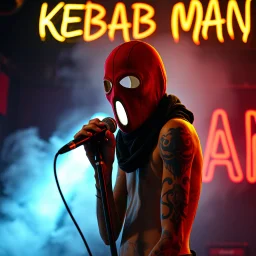 a very thin swedish man, with a skimask with only a hole for the mouth (no eyes), he is called "KEBAB MAN" performing at death metal club, his name is "KEBAB MAN" kebab rolls On stage, kebab Neon lights and smog, and "KEBAB MAN" big sign on the wall, tribal tattooes, spinning kebab machines, flames and smoke, chaos, he singing with mic,