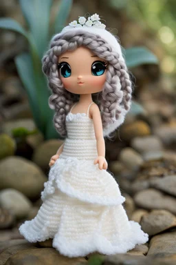 Adventure Amigurumi style, solo, looking at me, standing, full body, barby in bride dress,blurry, big beautiful chibi-style eyes, blurry background, Best quality, masterpiece,bride Art in the style of [Sack Boy | Gene Bilbrew | chibi-style | Amigurumi | Jeff Gord | Temmie | Ransom & Mitchell], unique sculptures, surreal and abstract forms through human forms, illustrative techniques and themes, prominent in magazines during the mid-20th century, detailed ink work, by Satori Canton🧸