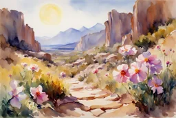 Sunny day, flowers, mountains, rocky land, fantasy, sci-fi, john singer sargent watercolor paintings