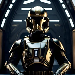 star wars bald male corellian pilot wearing gunmetal grey and black First Order TIE pilot armored flightsuit and helmet with gold trim inside the jedi temple, centered head and shoulders portrait, hyperdetailed, dynamic lighting, hyperdetailed background, 8k resolution, volumetric lighting, light skin, fully symmetric details