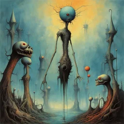 antics grow strange in a dream of cunning annihilations, damaged thoughts of a crooked creaking mistake, by Gerald Scarfe, by Yves Tanguy, by Zdzislaw Beksinski, asymmetric surrealism, nightmarish, dreamy colors, existential dread, uncanny, oh how he made them roll