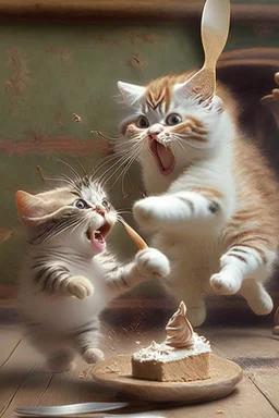 mother cat chasing baby cat with wooden spoon eating cake