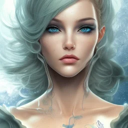 jolie visage de fée peau bleue ,longs cheveux blonds , fond bleu,Character Design, magician