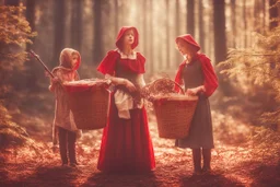 Double exposure, merged layers, Stage, stand-up microphone, drums, guitars, speakers, forest, Hansel and Gretel, Snow White walking with Robin Hood, midwife with an iron nose, Little Red Riding Hood with a basket on her arm, wolf horn on her head in sunshine, ethereal, cinematic postprocessing, bokeh, dof