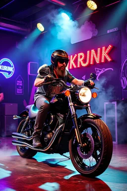 An "hard MC guy" performing at dance club, his name is "Benny" Very hard looking, motorbike Harley davidson on stage, Neon lights and smog, "KUKRUNK" sign on the wall