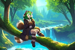 Girl, green hair, raccoon tail, raccoon paws in hand, raccoon paws in foot, forest, river, sit on tree, coat on neck, with tongue out, big tail, furry