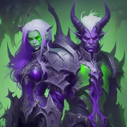 Demonio hermoso de armadura morada y verde con cabello blancos posando junto con un demonio de armadura negra y verde