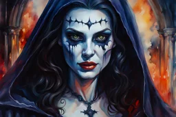 oil with watercolor underpainting of a dark medieval female vampire sorceress , with highly detailed facial features ,in the style Ann Chernow, with a fine art aesthetic, highly detailed , realistic , 4k UHD cinegraphic quality