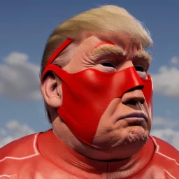 Realistic image of Donald trump wrestler, Mexican wrestling style, Mexican wrestling eyes mask, red and blue breeches, glow confederate flag dress, suspenders, retro style, 80s, vibrant color, highly detailed, sky background, concept art, unreal engine 5, god rays, ray tracing, RTX, lumen lighting, ultra detail, volumetric lighting, 3d, finely drawn, high definition, high resolution.