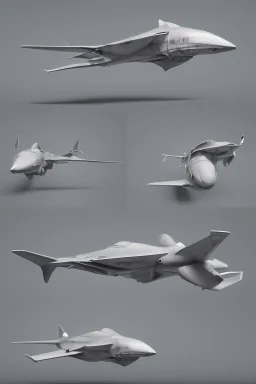 ideation aeroplane airmed inspired by shark with side view, quarter view and front view