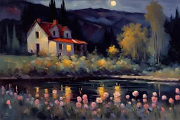 Night, creepy and mistery, mountains, river, distant house, flowers, trees, konstantin korovin and jenny montigny impressionism paintings