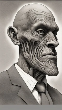 𝙋𝙧𝙤𝙢𝙥𝙩 highly detailed graphite illustration, A surreal evil face figure with exaggerated anatomical features, heavily wrinkled skin, and an intense, contemplative expression. bald head, thick eyebrows, long beard merge into swirling abstract shapes. Large, expressive hands, one covering the mouth and the other gripping the forehead tensely. Mysterious, introspective, dreamlike, somewhat dark fantasy. #𝙙𝙧𝙚art #prompt