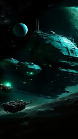 A dark teal space station with asteroids at night painted by Karl Wiener