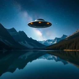 a tranquil moutain lake reflecting the stars and a small flying saucer hovering overhead