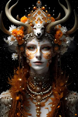 Woman humanoid reindeer queen portrait with extremely textured skin and Golden dust white floral crown and fur, adorned with white and light ginger berry colour snowy leaves and snow flblack. Orchid with small seapearls ornate crystal lace, wearing pearl black lace effect Halloween costume and masque Organik bio spinal ribbed detail of snowy orange candle athmoshpheric full. Ornate floral background white spider web and a pumpkin around extremely detailed hyperrealistic maximálist concept ar